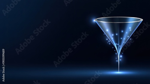 Abstract futuristic funnel with glowing particles on dark blue background symbolizing data flow, ideas, creativity, and innovation in a digital age