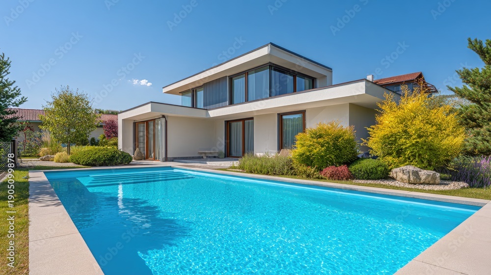 custom made wallpaper toronto digitalModern architectural design of a luxury house with pool and landscaped garden under a clear blue sky in a tranquil suburban setting