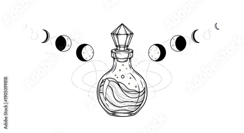 Mystical Potion Bottle with Moon Phases and Celestial Orbits Illustration