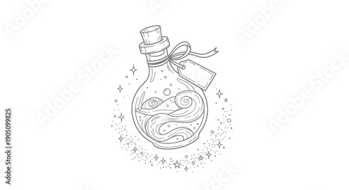 Magical Potion Bottle with Swirling Liquid and Stars Hand Drawn Sketch