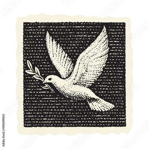 Hand drawn holy spirit biblical peace dove with olive branch emblem. Hope symbol Black and white vector illustration motif for christian faith noahs ark genesis bible study.