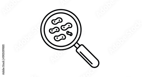 Magnifying glass over bacteria culture petri dish, scientific research icon