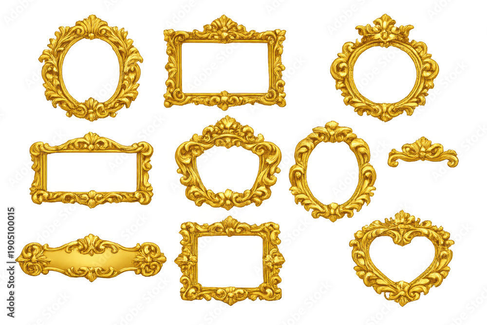 Obraz premium Golden baroque frames and vintage luxury borders collection, ornate classic royal elements with transparent background
