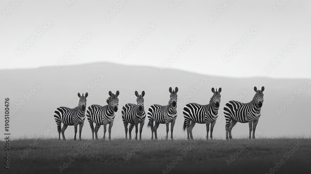 Naklejka premium A Group of Zebras in Monochrome on a Hilltop with Soft Background, Capturing the Beauty of Wildlife in a Minimalist Style