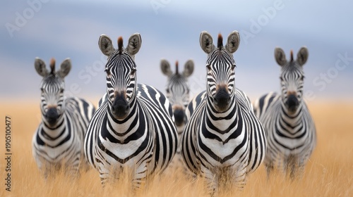 Close-Up View of a Herd of Zebras Standing Together in the Grasslands with a Soft Focus Background of Savannah Landscape