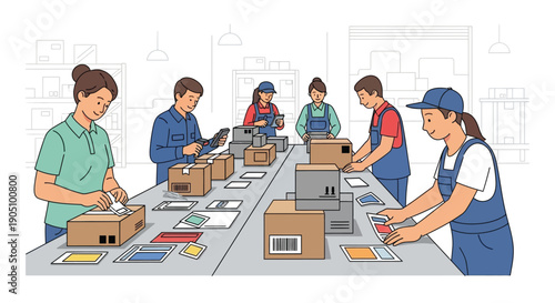 Workers packaging products in a warehouse or factory setting.