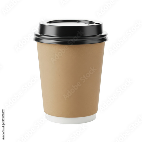 A brown paper coffee cup with a black lid