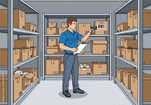 Warehouse worker scanning inventory on shelves with cardboard boxes.
