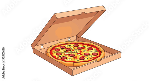 Vector illustration of a pepperoni pizza in an open cardboard box on a plain background, representing a traditional food for a global celebration.