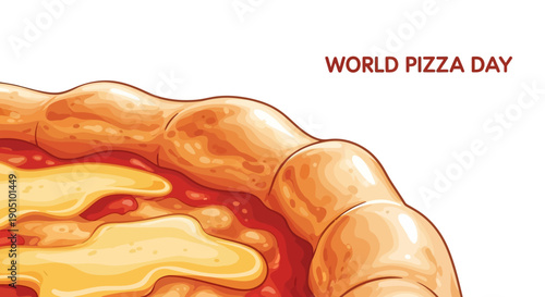 Vector illustration of a cheesy pizza on World Pizza Day, a global celebration of iconic cuisine and traditional food with a warm color palette.