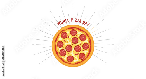 A vibrant illustration of a pepperoni pizza with rays on World Pizza Day, celebrating a global food event with iconic cuisine.
