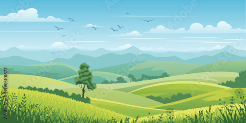 View of summer landscape, spring hills, green meadows and hills, bird flock, vector illustration