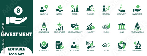 Investment editable solid icon set.risk management,economy,financial gain,fund,and vector.
