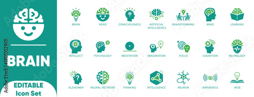 Brain editable solid icon set.Containing mind,cognition,head,brainstorming,neuron,thinking,and vector

