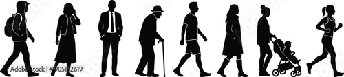 Diverse Silhouette People Collection Featuring Business Professionals, Elderly Seniors, Students, Families with Strollers, And Active Runners for Urban Lifestyle