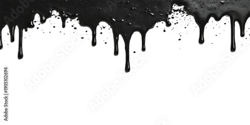 Vector illustration of black and white ink paint splashes with liquid drips and splat textures on a white background for grunge art design