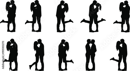 Vector, black, silhouette, illustration, set, of, various, romantic, couples, kissing, and, hugging, for, Valentines, Day, wedding, anniversary, love, and, relationship, theme, design