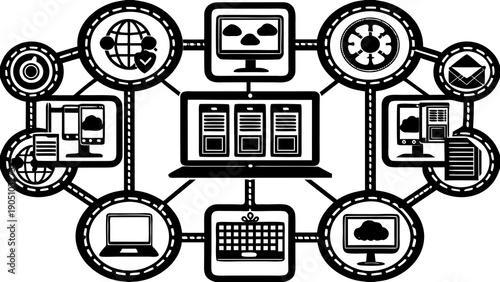 Digital Workflow Flat Icons, Minimal flat icons illustrating office digital workflows, automation, and cloud sync, ideal for SaaS products, tech platforms, and productivity tools.