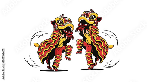 Illustration of two lion dancers performing a traditional Chinese dance on a white background with vibrant red and yellow costumes.