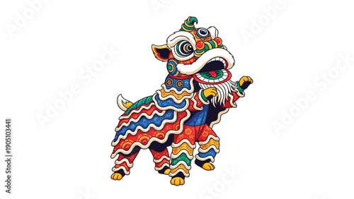 A colorful lion dance illustration with vibrant, wavy patterns in red, blue, and yellow, set against a clean white background, showcasing traditional Chinese culture.