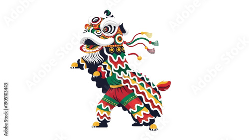 A colorful lion dance performance on a white background, showcasing traditional Chinese culture with vibrant costumes.