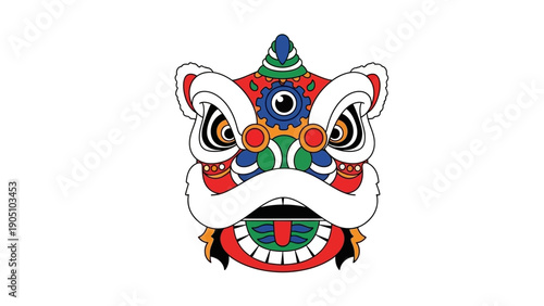 A colorful illustration of a lion dance mask with intricate designs on a white background, symbolizing traditional Chinese culture and festive events.