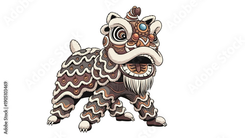 A colorful lion illustration with intricate designs and patterns, performing a traditional Chinese lion dance on a white background.