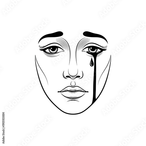 Woman Face with Mascara Smudge and Tear.