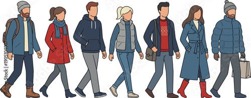 Group of diverse people walking in winter outfits, wearing coats, jackets, scarves, and hats for cold weather seasonal fashion