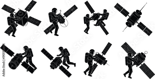 Astronaut repairing satellite silhouettes, spacewalk mission activity, cosmonaut people set, isolated on white background, vector illustration