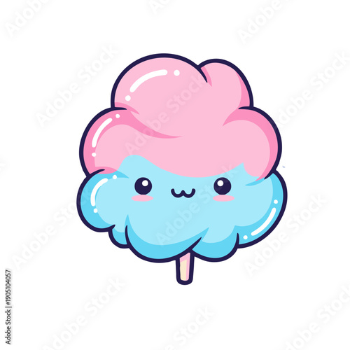 cute cotton candy character with kawaii face on stick vector illustration
