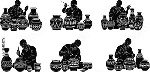 Pottery artisan painting ceramic vases, traditional craft people set, handmade decoration, isolated on white background, vector illustration
