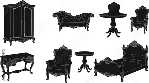 vintage furniture set, baroque style interior collection, antique chair table sofa bed, classic silhouette vector