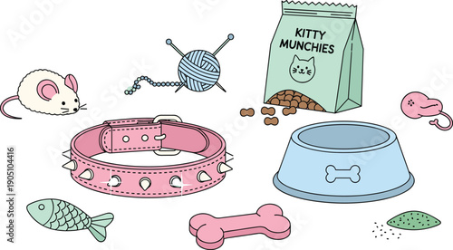 cute pet supplies collection, dog and cat accessories, collar bowl toy, cartoon vector set, animal care