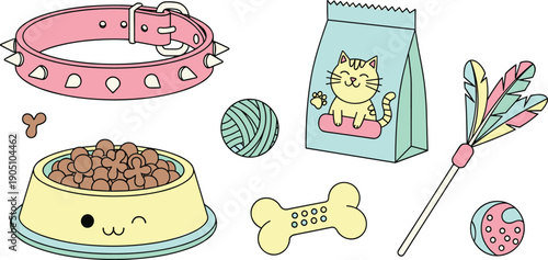 cute pet supplies set, dog and cat accessories, food bowl collar toy, cartoon vector collection