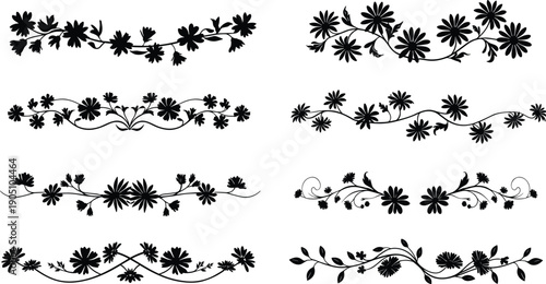 black floral divider set, vintage botanical border collection, ornamental flower silhouette, elegant flourish decoration, wedding invitation