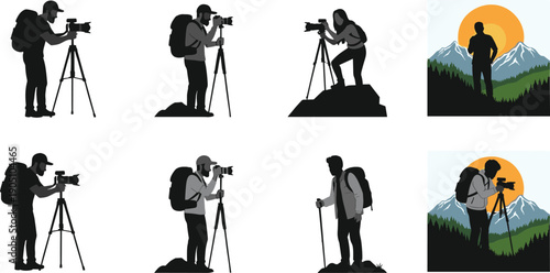 photographer silhouette set, hiking traveler with camera, tripod mountain landscape, adventure photography, outdoor explorer vector