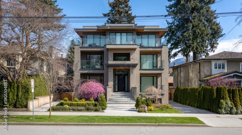 Modern multi-unit residential building with glass balcony and landscaped garden in tranquil suburban neighborhood under clear blue sky