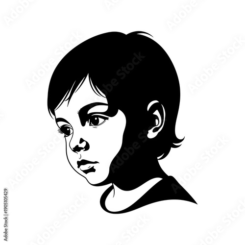 Black and White Illustration of Young Girl.