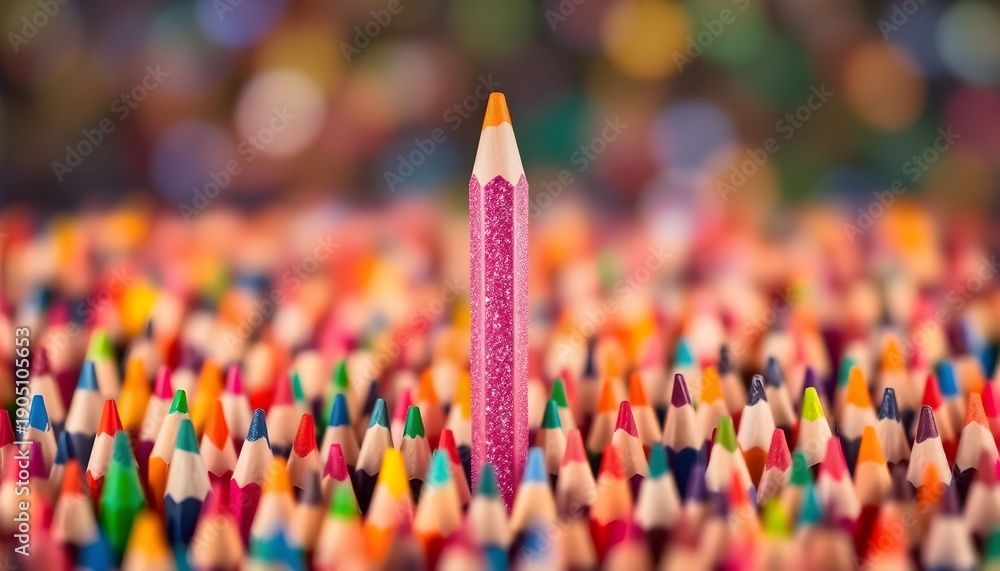 Fototapeta premium A single pink pencil stands upright among numerous colorful pencils.