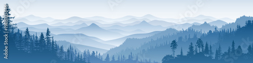 Mountain landscape with forest, morning haze, vector illustration, panoramic view