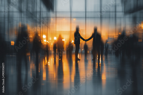 Abstract business background with blurred people walking handshaking in modern office lobby with warm sunset light creating reflective floor and glass wall effect