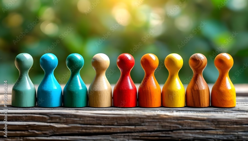 Fototapeta premium Colorful game pieces are arranged on a wooden surface outdoors.