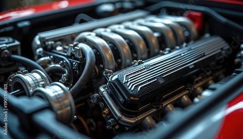 Close-up of powerful sports car engine with V-shaped cylinders and turbochargers. High performance auto motor with chrome parts and carbon fiber details, complex mechanical engineering.
