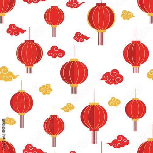 Traditional Chinese Red Lanterns and Auspicious Clouds Seamless Pattern - Festive Celebration Decoration