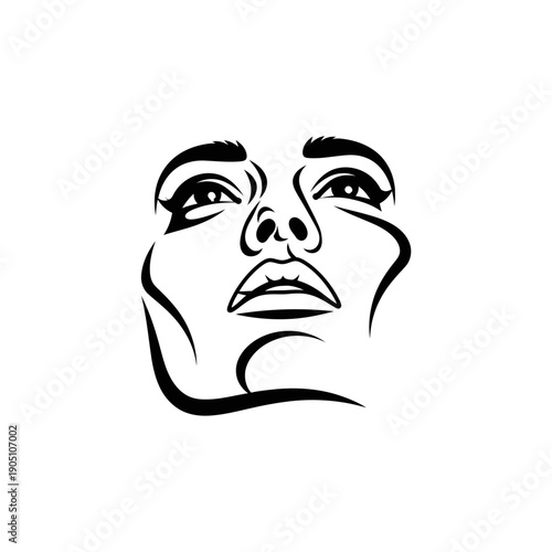 Woman Face Illustration Black White Line Art.