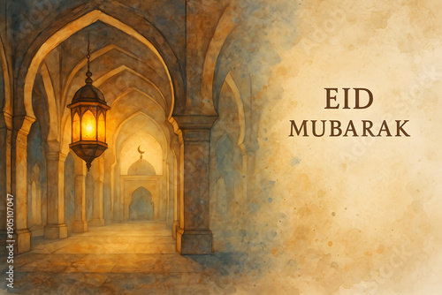 A serene and beautiful illustration of an arched hallway a lantern and Eid Mubarak text