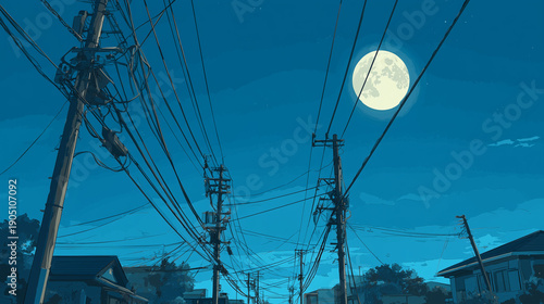 アニメ調で描かれた日本の住宅街の道路と満月の夜景