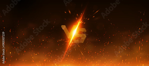 Versus battle banner with sparks and metallic “VS” letters. Glowing VS symbol in fiery orange light with sparks. VS background for esport, mma, competition, challenge. Vector poster, versus battle