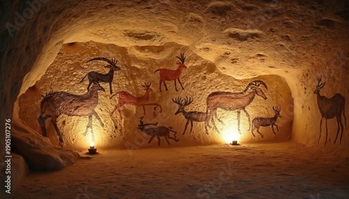 Cave paintings show deer, animals on rough stone wall illuminated by soft lights. Primitive art ancient life in natural rock shelter interior. Paleolithic drawings tell stories of early humans.